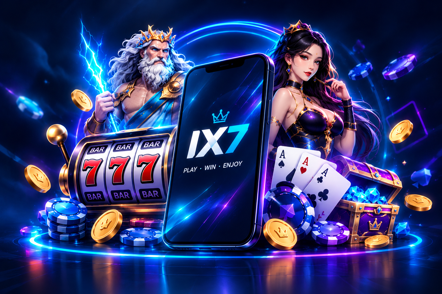 IX7 gaming artwork illustrating game guides and promotional offers